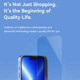 A smartphone with a blue screen is positioned in front of a blue gradient background. The text at the top reads, "It's Not Just Shopping. It's the Beginning of Quality Life." Below, it states, "Collision of traditional craftsmanship and advanced technology leads a quality life for you," reinforced by an AndyQ iPhone 13 Pro Max High definition tempered glass.