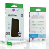 Two boxes of andyq iPhone 15 Pro Privacy tempered glass are shown. The front of one box displays "PERFECT GLASS" and a phone outline, while the back of the other highlights features such as durability, easy installation, and an anti-peeping filter. Both boxes are primarily white and green with relevant icons and text.