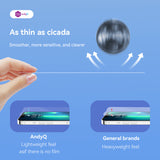 A hand holds a phone screen with the caption "As thin as cicada." The image compares AndyQ iPhone 13 Pro Max High definition tempered glass, showcasing a lightweight feel and smooth, sensitive surface. Their tempered glass with 9H hardness stands out against general brands, which are bulkier and less clear.